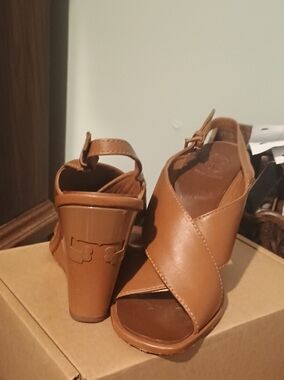 Tory Burch Cognac Leather Crisscross Wedge Sandals